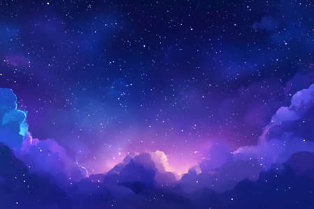 An ethereal night sky painted with swirling clouds and a luminous nebula. Stars twinkle in the deep blue expanse, creating a breathtaking and dreamlike celestial vista.の素材