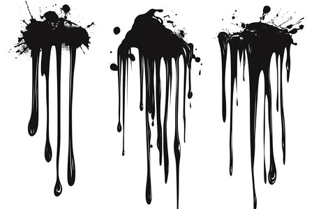 A set of three distinct black ink splatters with realistic dripping textures. These abstract graphic elements are perfect for adding a grunge or artistic touch to designs.の素材