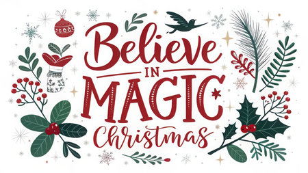 A whimsical Christmas typographic design featuring the phrase 'Believe in MAGIC' surrounded by festive foliage, holly berries, pine branches, snowflakes, and charming holiday ornaments, perfect for seasonal greetings.の素材