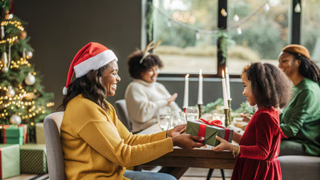 A joyous family gathers around a dining table adorned with holiday decorations and a Christmas tree, sharing gifts and creating cherished memories together.の素材