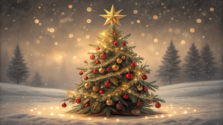 A beautifully decorated Christmas tree stands proudly in a snowy winter scene, adorned with ornaments and illuminated by warm, twinkling lights and a shining star.の素材