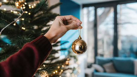 A person's hand carefully hangs a shiny golden bauble onto a decorated Christmas tree. Twinkling lights and a cozy indoor scene create a warm festive holiday ambiance.の素材