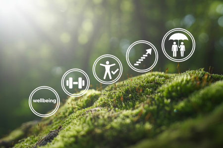 Illustrative image of wellbeing icons, including fitness, growth, and protection, displayed on a vibrant mossy forest floor. This emphasizes holistic health, balance, and sustainable living, enhanced by a gentle sun flare creating a serene, hopeful atmosphere.の素材