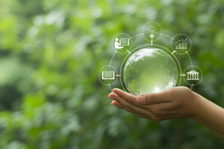A hand cradles a clear glass sphere reflecting green foliage, surrounded by educational and growth icons. Symbolizing interconnected knowledge, learning, innovation, and sustainable development for a brighter future.の素材