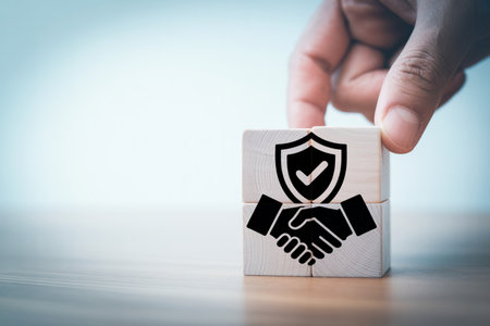 A human hand carefully places a wooden cube featuring a security shield with a checkmark icon, completing a structure alongside another cube with a handshake. This image symbolizes secure business partnerships, trust, and reliable agreements.の素材