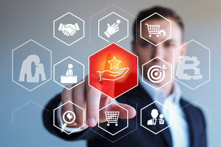 A businessman points to a glowing red hexagon with a star in hand icon, surrounded by other business and commerce symbols. This illustrates concepts like customer loyalty, quality service, and premium experience in a digital interface.の素材