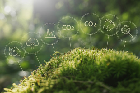 Environmental icons depicting carbon footprint, pollution, and ecological measurement rise from lush green moss. This conceptual image highlights sustainability, climate change awareness, and eco-friendly solutions.の素材