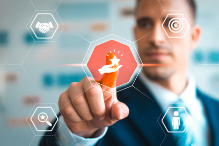 A businessman's hand interacts with a futuristic digital interface, touching a glowing star icon representing quality, rating, or excellence. Ideal for customer feedback, performance, service excellence, and business goals in modern tech environments.の素材