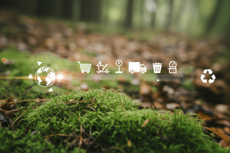 Digital icons illustrating a circular economy, sustainable logistics, and responsible consumption, from global sourcing to recycling, set against a vibrant green mossy forest floor, symbolizing environmental stewardship.の素材