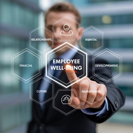 Businessman touching 'Employee Well-Being' holographic display, highlighting financial, mental, relationships, development, and culture. Conceptualizes modern corporate wellness, HR strategies, and employee engagement in a business setting.の素材