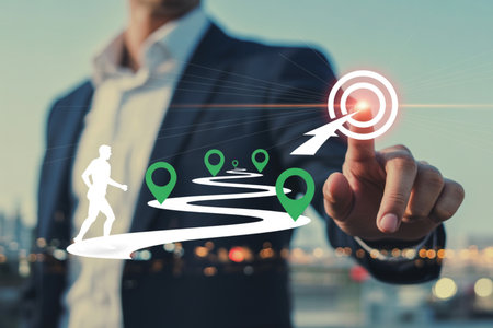 A businessman points to a target with an arrow on a path, guiding a figure through milestones. This abstract concept illustrates strategic planning, goal achievement, business growth, and the journey toward success.の素材