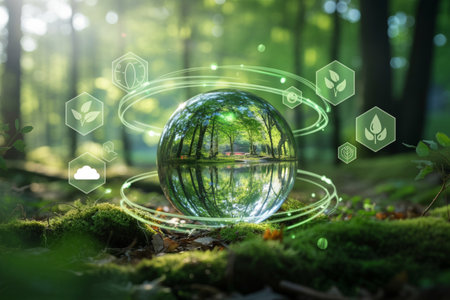 A glass sphere rests on moss in a lush forest, reflecting trees and water. Glowing green rings and hexagonal icons symbolize environmental protection, sustainability, and a greener future for Earth, merging nature with innovation and climate solutions.の素材