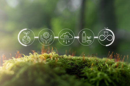 Illustrative icons on moss depict a sustainable circular economy process. Concepts include global green growth, eco-friendly innovation, carbon emission reduction, recycled product development, and continuous waste management.の素材