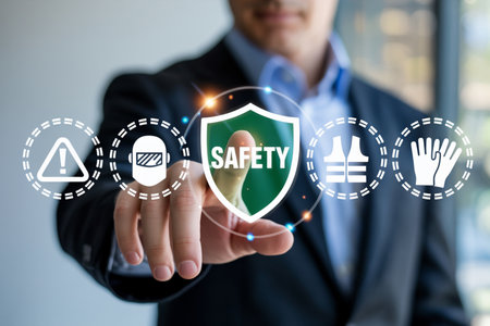 Businessman's hand activates a virtual shield displaying 'SAFETY', surrounded by icons representing personal protective equipment and hazard warnings. This visual concept emphasizes workplace safety, risk management, and employee protection through digital solutions and compliance.の素材