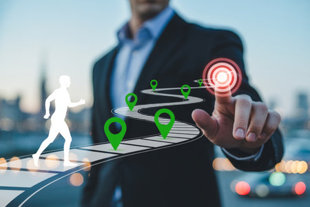 A business professional interacts with a virtual winding roadmap, marked with green location pins and a red target. This visual metaphor represents strategic goal achievement, personal development, and career progression in a cityscape.の素材