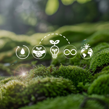 Conceptual icons on a mossy background representing environmental sustainability, green energy, net zero emissions, circular economy, and global climate action for a better planet.の素材