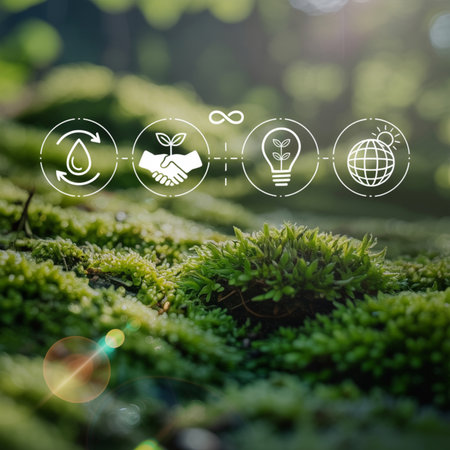 Vibrant green moss in a natural forest environment, overlaid with white line icons. These symbols represent water recycling, green collaboration, eco-friendly energy, and global environment, embodying sustainable practices.の素材