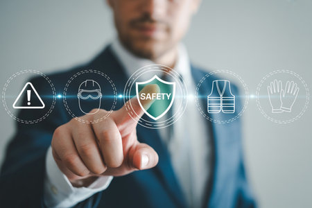 A business professional interactively engages a virtual interface, highlighting digital safety concepts and personal protective equipment. This visual emphasizes workplace health, risk management, and secure operational protocols, suitable for illustrating industrial protection measures.の素材