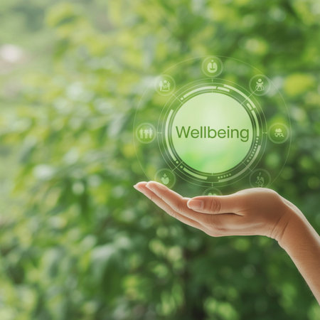 A hand presents a glowing digital circle with 'Wellbeing' text. Icons signify holistic health, mental wellness, community, environment. This promotes a balanced lifestyle and personal well-being against a natural green backdrop.の素材