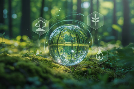 A crystal ball on moss reflects a lush forest. Digital icons for cloud, leaf, and water drop float nearby, linked by glowing lines. This symbolizes environmental protection, sustainable technology, and ecological innovation for a greener world.の素材