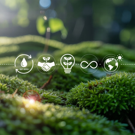 Collection of sustainability concept icons, including net zero water, eco partnership, green energy, circular economy, and climate action, overlaid on vibrant green moss, symbolizing environmental responsibility and ecological preservation.の素材