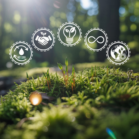 Lush green moss and vibrant sprouts thrive in a sunlit forest, symbolizing growth. Eco-friendly icons represent net zero emissions, global partnership, renewable energy, circular economy, and a sustainable future for our planet. Ideal for environmental and green technology themes.の素材