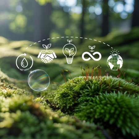 White environmental icons depicting net zero, green energy, circular economy, global earth, and collaboration on vibrant green moss with a soft forest background. A floating bubble adds a touch of ephemeral beauty.の素材