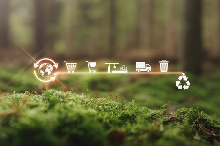 A sustainable circular economy visual. Icons of global trade, shopping, logistics, delivery, waste, and recycling are on a mossy forest floor. It emphasizes environmental responsibility, green business, and nature.の素材