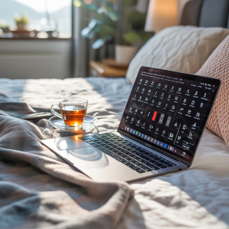Laptop and glass cup of tea on a bed with soft blankets and pillows. Sunlight streams through a window, casting shadows and illuminating the scene.の素材