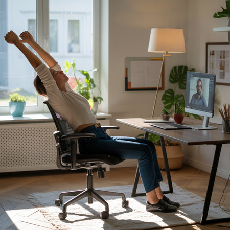 Woman in white sweater and blue jeans stretches arms overhead in a black office chair. Sunlight streams through a window onto a wooden desk with a computer displaying a video call.の素材