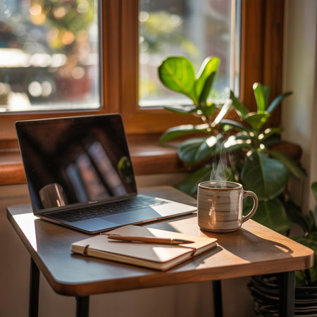 A laptop, notebook, pen, and steaming coffee mug rest on a wooden table by a sunlit window with a large green plant.の素材