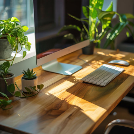 Warm sunlight streams across a wooden desk illuminating a computer monitor keyboard and mouse. Potted green plants sit on the desk and windowsill casting shadows.の素材