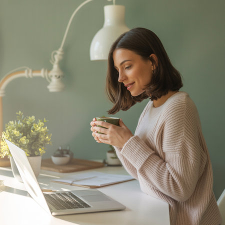 Woman in a beige knitted sweater holds a green mug while looking down at a laptop on a white desk. A green potted plant and a lamp are visible in the background.の素材