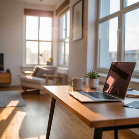 A laptop, coffee mug, and small potted plant sit on a wooden desk. Sunlight streams through large windows, illuminating dust motes in the air.の素材
