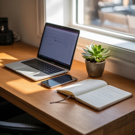 A wooden desk with an open laptop, smartphone, and open notebook bathed in warm sunlight from a window. A small succulent plant sits in a pot to the right.の素材