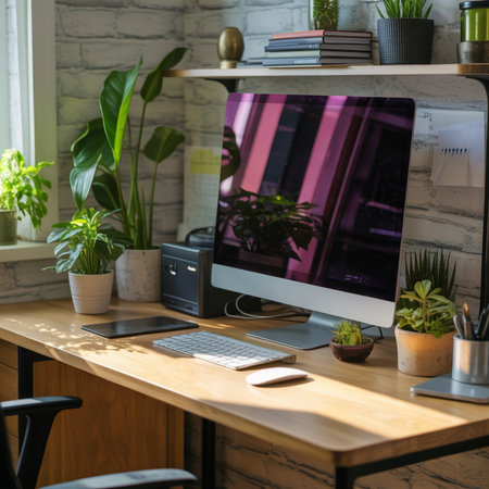 Wooden desk bathed in sunlight with a computer monitor keyboard mouse tablet and potted plants against a brick wall backgroundの素材
