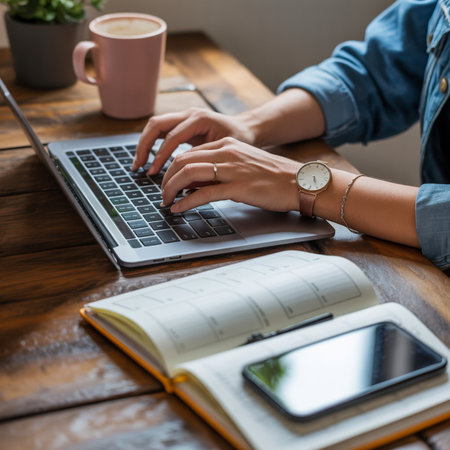 Close up of hands typing on a laptop at a wooden desk. A pink mug of coffee and a plant are visible. A notebook and phone lie open on the table.の素材