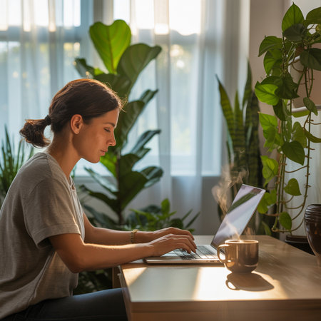 Woman typing on a laptop at a wooden desk. A steaming coffee mug sits beside the laptop. Lush green plants surround the scene, with sunlight streaming through a window.の素材