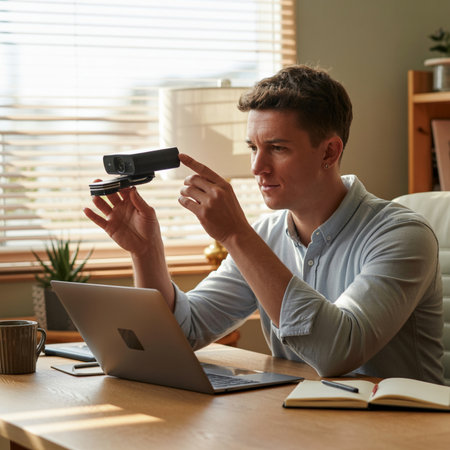 A man in a light blue shirt holds a black webcam over an open silver laptop. A wooden desk has a mug, notebook, and pen. Natural light streams through blinds.の素材