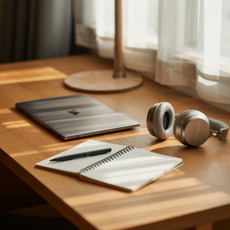 A closed silver laptop, grey headphones, and an open notebook with a black pen rest on a warm wooden desk. Natural light streams in from a window, casting soft shadows.の素材