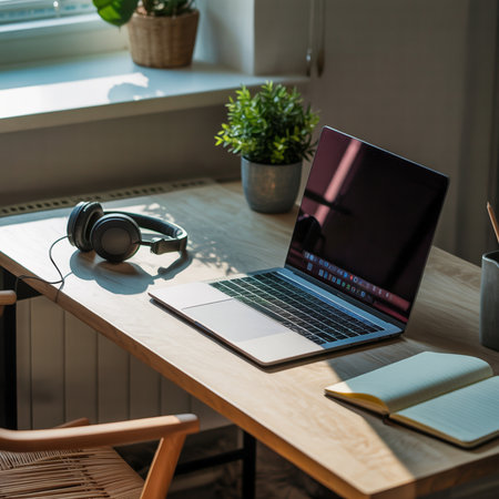 A laptop, headphones, and open notebook rest on a light wood desk. Sunlight streams through a window, casting shadows. Potted plants add greenery to the scene.の素材