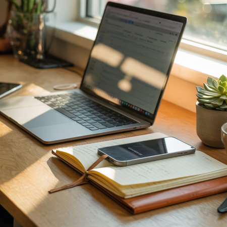 A silver laptop sits open on a wooden desk beside a notebook and smartphone. A succulent plant in a pot is to the right.の素材