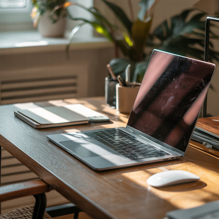An open silver laptop sits on a warm toned wooden desk next to a white mouse and notebooks. Sunlight streams in from a window, casting shadows and illuminating a green plant in the background.の素材