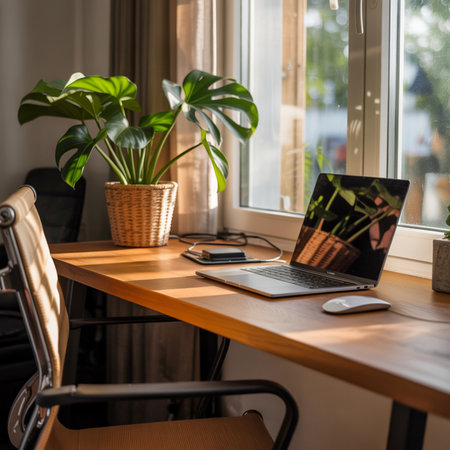 Wooden desk with a laptop and a potted monstera plant bathed in sunlight from a window. A white mouse and charging cables are on the desk.の素材