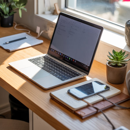 Silver laptop open on a wooden desk with notebooks, a phone, and a small potted succulent plant. Sunlight streams in from a window, casting shadows.の素材