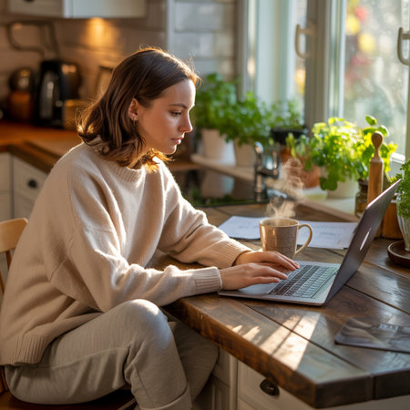 Woman with brown hair in a beige sweater and sweatpants types on a laptop at a rustic wooden table. A steaming coffee mug sits beside the laptop. Potted green plants are visible on a windowsill in the background.の素材