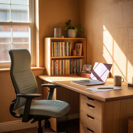 A sunlit home office with a light blue ergonomic chair, wooden desk, open laptop, and bookshelf filled with books.の素材