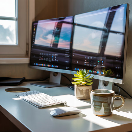 White desk with dual computer monitors showing editing software timeline. A succulent plant and a ceramic mug sit nearby. Sunlight casts shadows across the surface.の素材