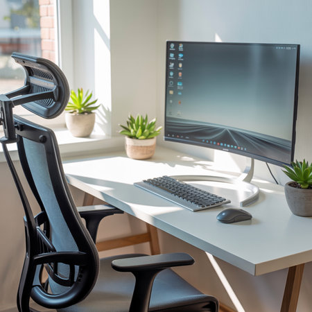 A white desk with a computer monitor keyboard and mouse sits by a window. Potted plants add greenery to the scene.の素材