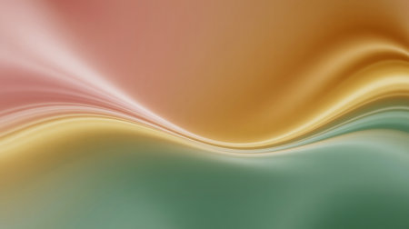 Softly blended waves of muted pink peach and gold flow into a green teal background with subtle light streaks creating a smooth organic abstract texture.の素材